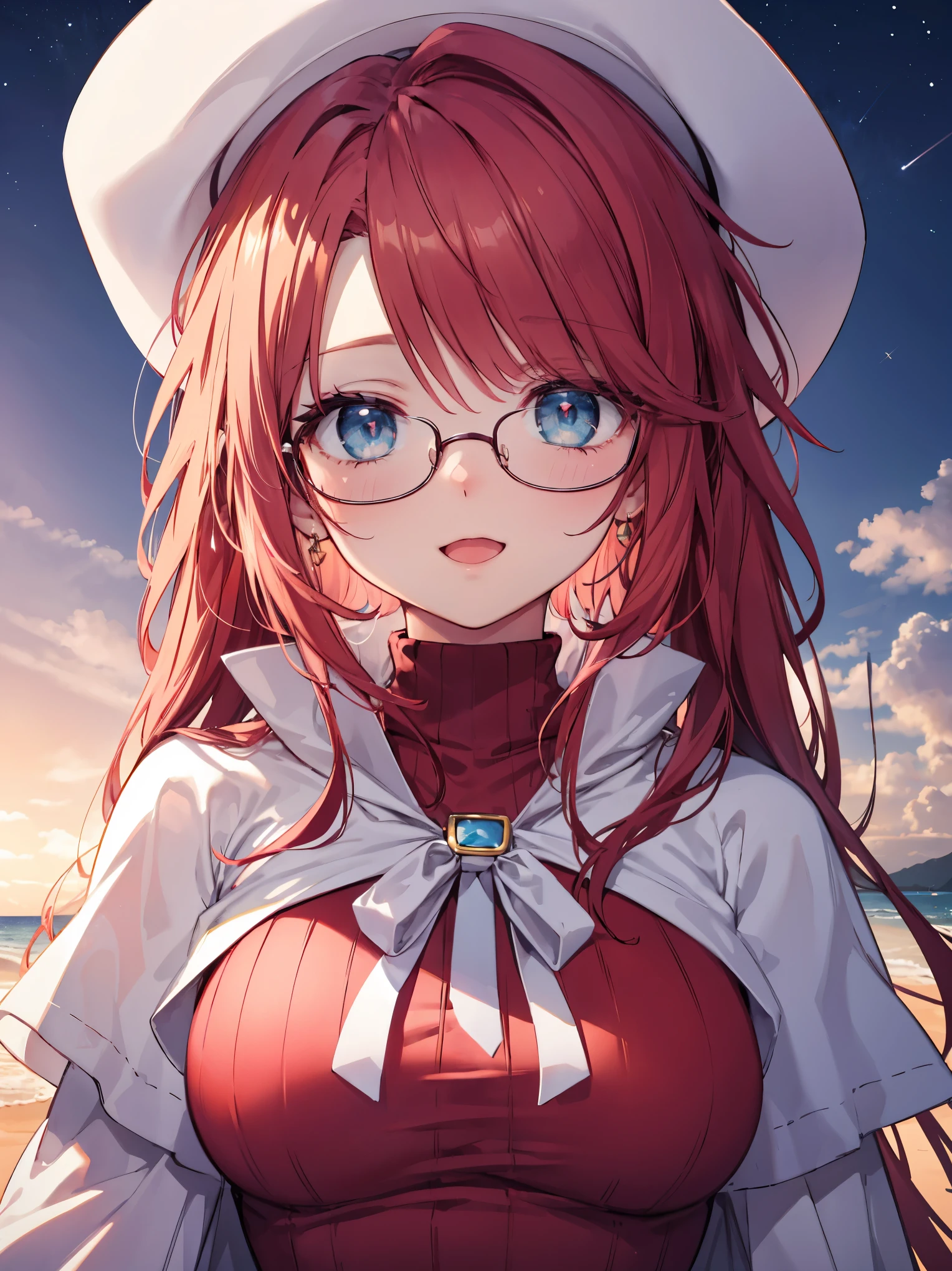 summonnightaty, aty, (young:1.3),long hair, blue eyes, red hair, big_tits, hat, glasses, BREAK long hair,, hat, dress,glasses, cape, sweater, beret,ribbed sweater,,solo, BREAK outdoors, fantasy, BREAK (masterpiece:1.2), best quality, high resolution, unity 8k wallpaper, (illustration:0.8), (beautiful detailed eyes:1.6), extremely detailed face, perfect lighting, extremely detailed CG, perfect anatomy),covered_nipples,half_eyes,sleepy_eyes,red_sweater,magical_effect,,Smile,open_mouth,solo,beach_sky_landscape,night_sky,solo,portrait,bust up,