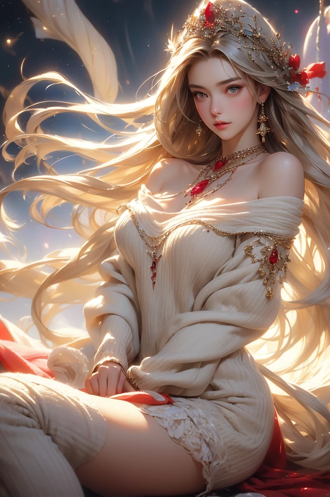 (masterpiece:1.5, Highest quality, Very detailed、 Dutch Angle、Semi-realistic、Fantasy)(One Girl, alone)(White and beautiful hair:1.4,,Straight Long Hair)(Knitted sweater、Woolen sweater)、((Off the shoulder、Mid-chest、ruby necklace))(Beautiful cleavage、Legs wrapped in tights、Absolute area)(Beautiful starry sky、Mystical Night、Particles of light float around the woman、Fantasy space) Waiting to start