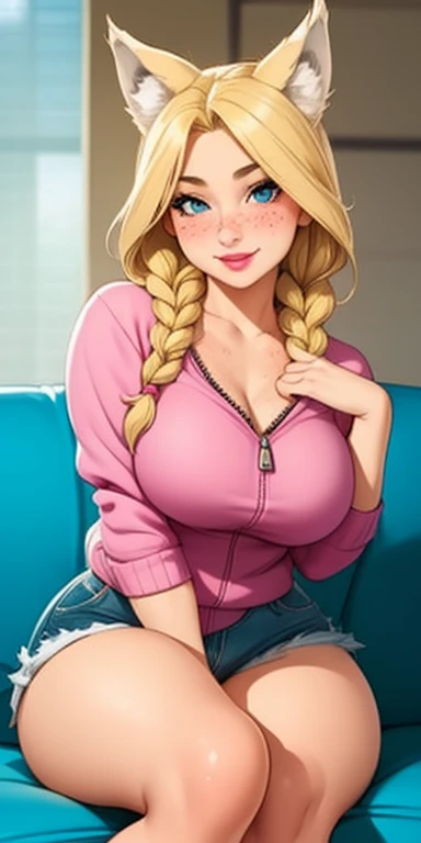 Beautiful round medium breasts, 1girl, ((Blonde hair with beautiful long braid)) ((wolf girl, cute girl face)) light  eyes, has an beautiful sensual body with freckles, with full breasts and thin waist, HIP HOP Beautiful and cute sweatshirt with zip, cute legging shorts fabric delicate, has a bold appearance. young, quality, realistic, best quality, cute expression, pink lipstick lips, Cute smile, leaning, sitting on the couch, hand on thigh