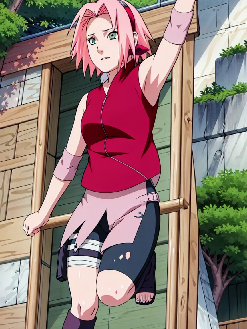 Sakura Haruno nude,wide hips,abdomen,sexy ,Show your armpits,jump,On the tree,IPST, naked,Torn shirt,blushing,sexually aroused, In the forest,open shirt,nipple,pink nipples,full body