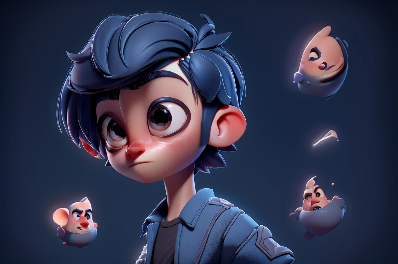 A 3D Pixar style Animation character development, featuring of boy look, character spread sheet, blueprint, 3D realistic render, high resolution texture, dramatic lighting, expressive caricature, strong facial expression, dramatic intense perspective