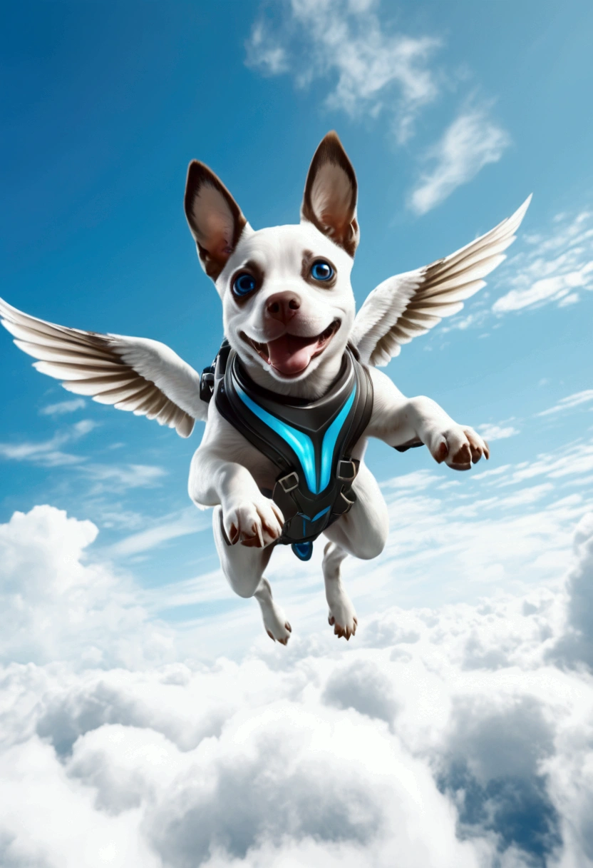 (Flying Puppy), Warframe, motion blur, wearing special flying equipment hangs in the clouds, soaring in the sky with curious and excited eyes, and its ears fluttering in the wind, as if enjoying the pleasure of free flight. The background is rich white clouds and blue sky, full body, award-winning, cinematic still, emotional, vignette, dynamic, vivid, (masterpiece, best quality, Professional, perfect composition, very aesthetic, absurdres, ultra-detailed, intricate details:1.3)