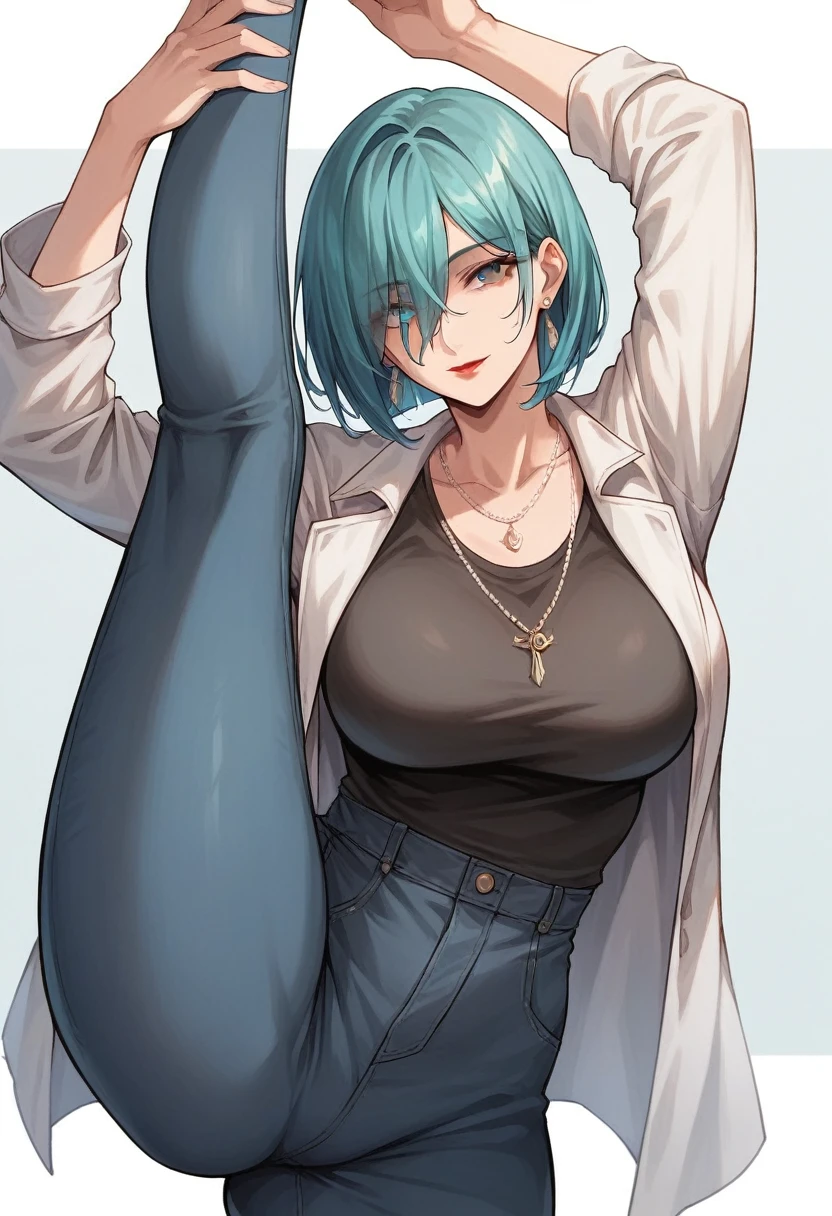 (masterpiece, best quality, high quality, highres, ultra-detailed), 1girl, bangs, bob cut, (bangs between eyes, hair cover one eye), blue eyes, (aqua hair), necklace, earrings, blue eyes, mature female, looking at viewer, mommy like body build, blue sky, older female, thick, red lipstick, thicc, medium breasts, extra wide hips, (black shirt, open white jacket, long black office pants, long black, looking directly at viewer), light smile, thick thighs, (standing split, standing_split)