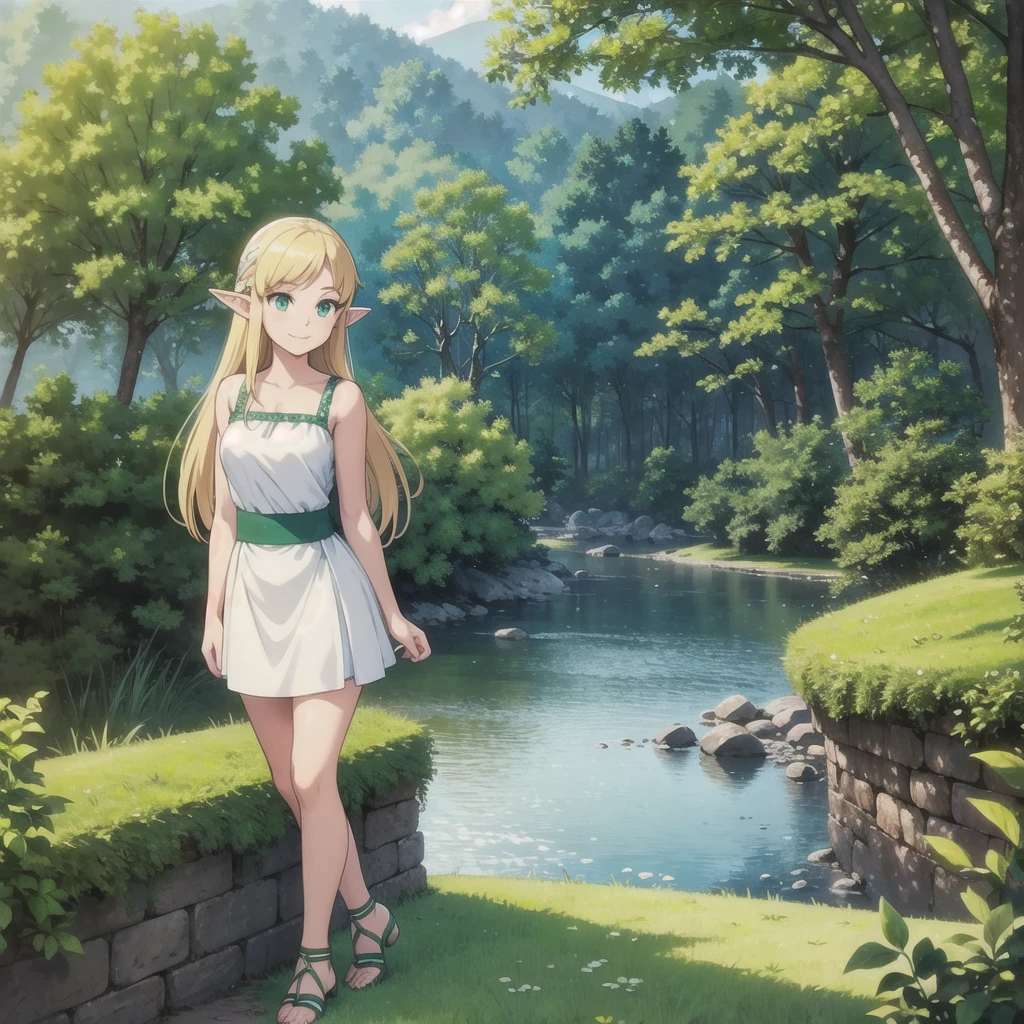 masterpiece, best quality, 1girl, elf, green eyes, blonde, (standing:1.1), (forest:1.1), pov, perfect eyes, arms at sides, river, portrait, full body, smile, heeled sandals, beautiful landscape, trees