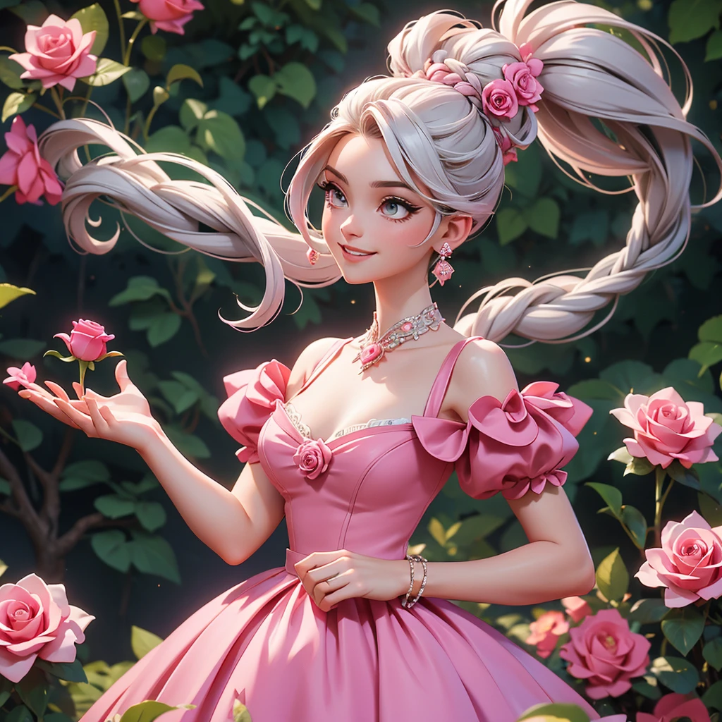 Woman, Grinning, chic, pink dress, aristocratic, silver elements, long nails, bared shoulders, coiffure, hair up, braid and ponytail, messy, haughty, absurdists, detailed dress, royaltly, celebration, hall decorated with flowers, cowboy shot, portraite, In a rose garden (best qualityer), (work of art), (highy detailed), (4K)