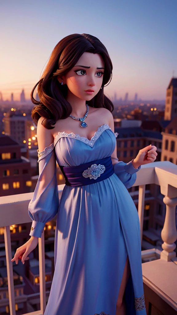 a beautiful woman standing on a balcony, detailed facial features, elegant dress, dark hair, looking down, evening sky, city skyline in the background, cinematic lighting, dramatic colors, photorealistic, (best quality,4k,8k,highres,masterpiece:1.2),ultra-detailed,(realistic,photorealistic,photo-realistic:1.37),cinematic composition,dramatic chiaroscuro lighting,intricate details,vibrant colors