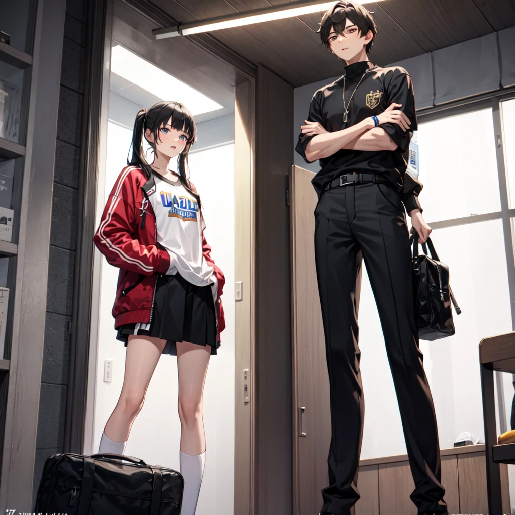 tall High school girls Boys' school uniform One person Black Hair Director of law firm Men's Blue shorts Light blue clothes