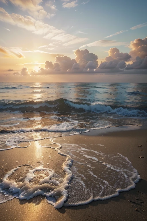 a beautiful evening on the seashore, detailed landscape, tranquil ocean waves, peaceful sunset sky, dramatic clouds, silhouettes of palm trees, warm golden lighting, photorealistic, cinematic, vibrant colors, intricate details, masterpiece, (best quality,4k,8k,highres,masterpiece:1.2),ultra-detailed,(realistic,photorealistic,photo-realistic:1.37)
