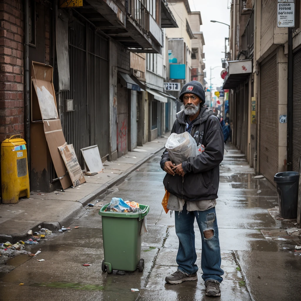 A homeless man wearing tattered, worn-out clothes is collecting garbage on a city street. His face shows signs of fatigue and hardship. The background features a dirty alleyway with graffiti on the walls and overflowing trash bins. The scene is set during the daytime with a gray, overcast sky. The overall atmosphere is somber and gritty, capturing the harsh realities of urban life.