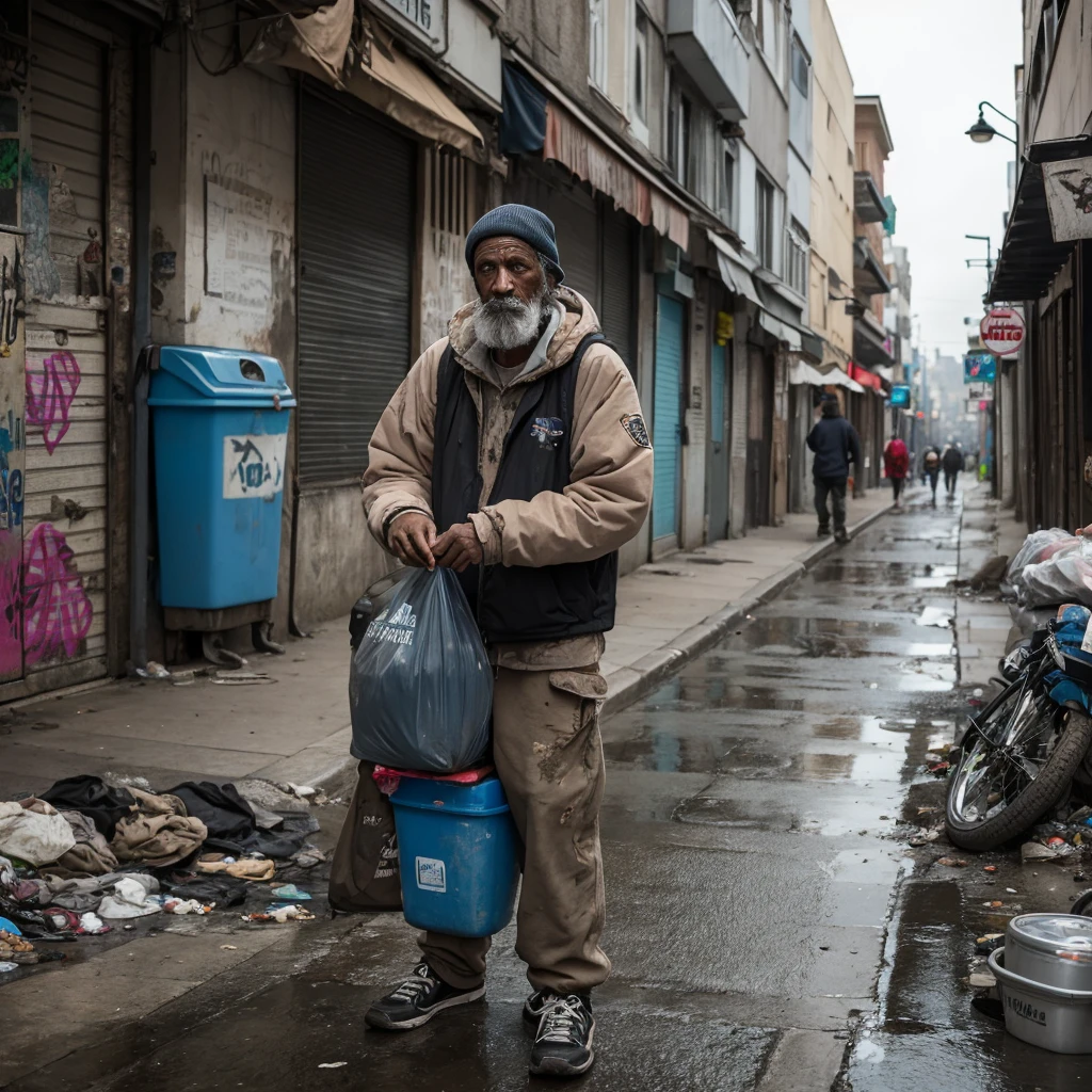 A homeless man wearing tattered, worn-out clothes is collecting garbage on a city street. His face shows signs of fatigue and hardship. The background features a dirty alleyway with graffiti on the walls and overflowing trash bins. The scene is set during the daytime with a gray, overcast sky. The overall atmosphere is somber and gritty, capturing the harsh realities of urban life.