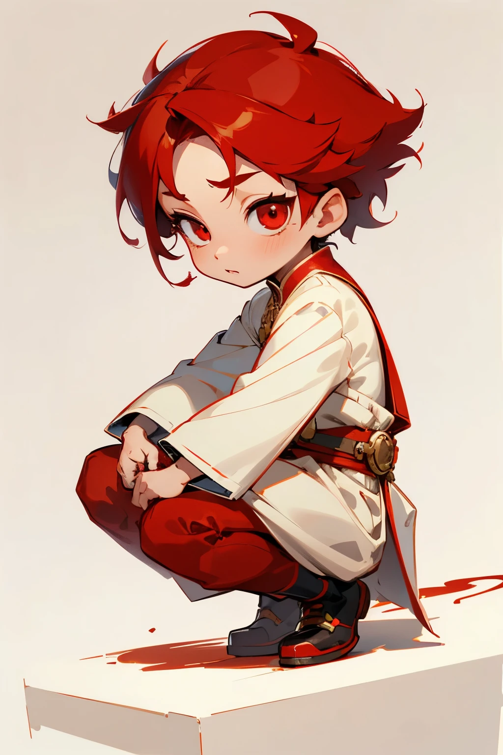 boy, full body, side view, surprised, cartoon style, chibi style, cute, beautiful face, red color eye, beautiful eye, high detailed pupil, double eyelid, high detailed skin, high quality skin, red color hair, white clothes, professional lighting, real shadow, masterpiece,