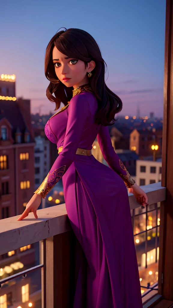 a beautiful woman standing on a balcony, detailed facial features, elegant dress, dark hair, looking down, evening sky, city skyline in the background, cinematic lighting, dramatic colors, photorealistic, (best quality,4k,8k,highres,masterpiece:1.2),ultra-detailed,(realistic,photorealistic,photo-realistic:1.37),cinematic composition,dramatic chiaroscuro lighting,intricate details,vibrant colors