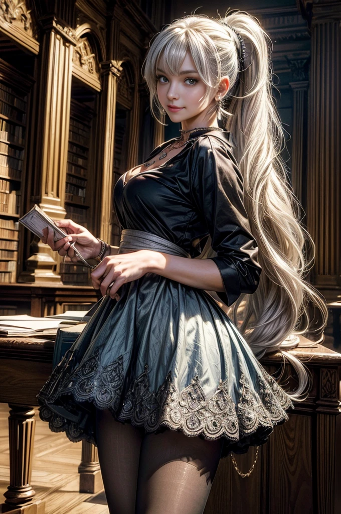 (masterpiece, best quality:1.2), cowboy shot, weissvale, smile, closed mouth, looking at viewer, long white hair, side ponytail, scar above eye, scar below eye, t-shirt, skirt, pantyhose, jewelry, necklace, earrings, standing in ornate library, crowd