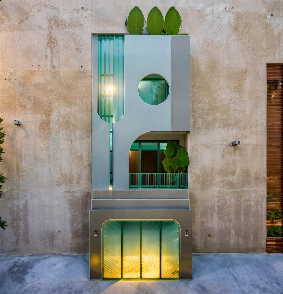modern villa on street, (daylight), tropical tree, green shrub and plants, vivid color, streetcapes, minimalist design, brigth grey tone, (large glass door:1.2), warm interior lighting, modern material, best quality, ultra realistic, masterpiece,