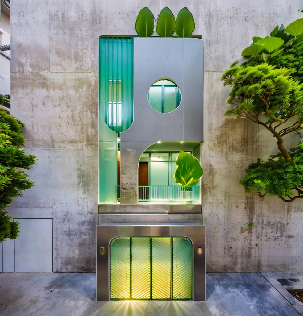 modern villa on street, (daylight), tropical tree, green shrub and plants, vivid color, streetcapes, minimalist design, brigth grey tone, (large glass door:1.2), warm interior lighting, modern material, best quality, ultra realistic, masterpiece,