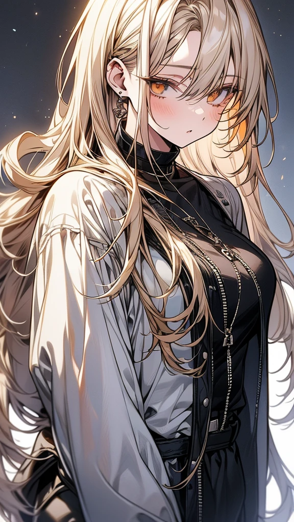 (Top resolution、Distinct_image)top-quality、(A girl) 、​masterpiece、highly detailed, half body, Semi-realistic、 ( golden eyes ) 、18year old,
 ( platinum blonde hair ) ,young , (orange inside), Facial features ,variation potrait, long  hair  , teenage, cool , cold sharp eyes, , {Very detailed 8k CG unit wallpaper}, students, (white oversized  shirt ) ,music club background, Handsome,cool musician , punk rock 