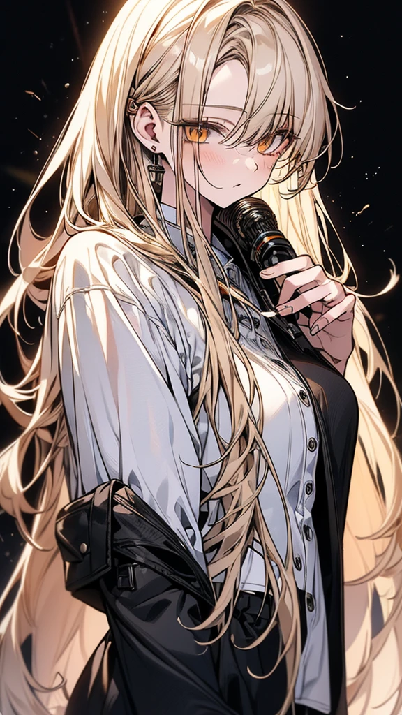 (Top resolution、Distinct_image)top-quality、(A girl) 、​masterpiece、highly detailed, half body, Semi-realistic、 ( golden eyes ) 、18year old,
 ( platinum blonde hair ) ,young , (orange inside), Facial features ,variation potrait, long  hair  , teenage, cool , cold sharp eyes, , {Very detailed 8k CG unit wallpaper}, students, (white oversized  shirt ) ,music club background, Handsome,cool musician , punk rock 