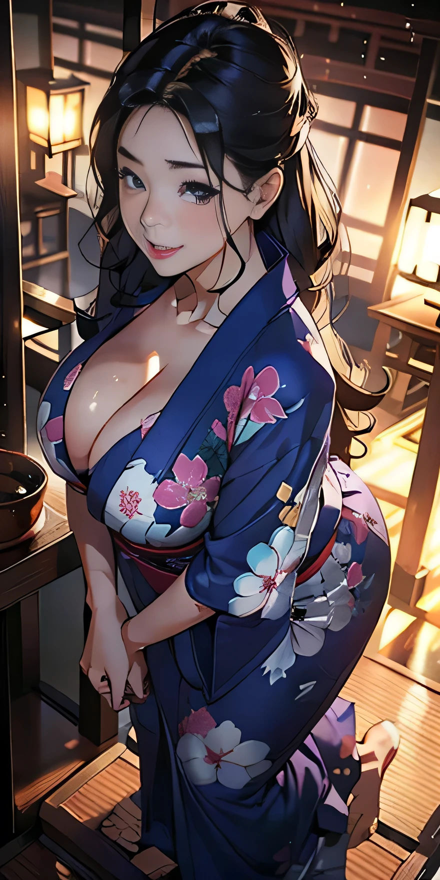 realistically、Full body contact looking up from below the ground、rear view、My thighs are also getting a little thicker、25 year old girl with accentuated thighs、Wearing a purple yukata、Breast augmentation and emphasis on cleavage、Versatile sensual poses、smile face、Japanese hot spring town Inakamachi、Emphasis on shading the chest contour