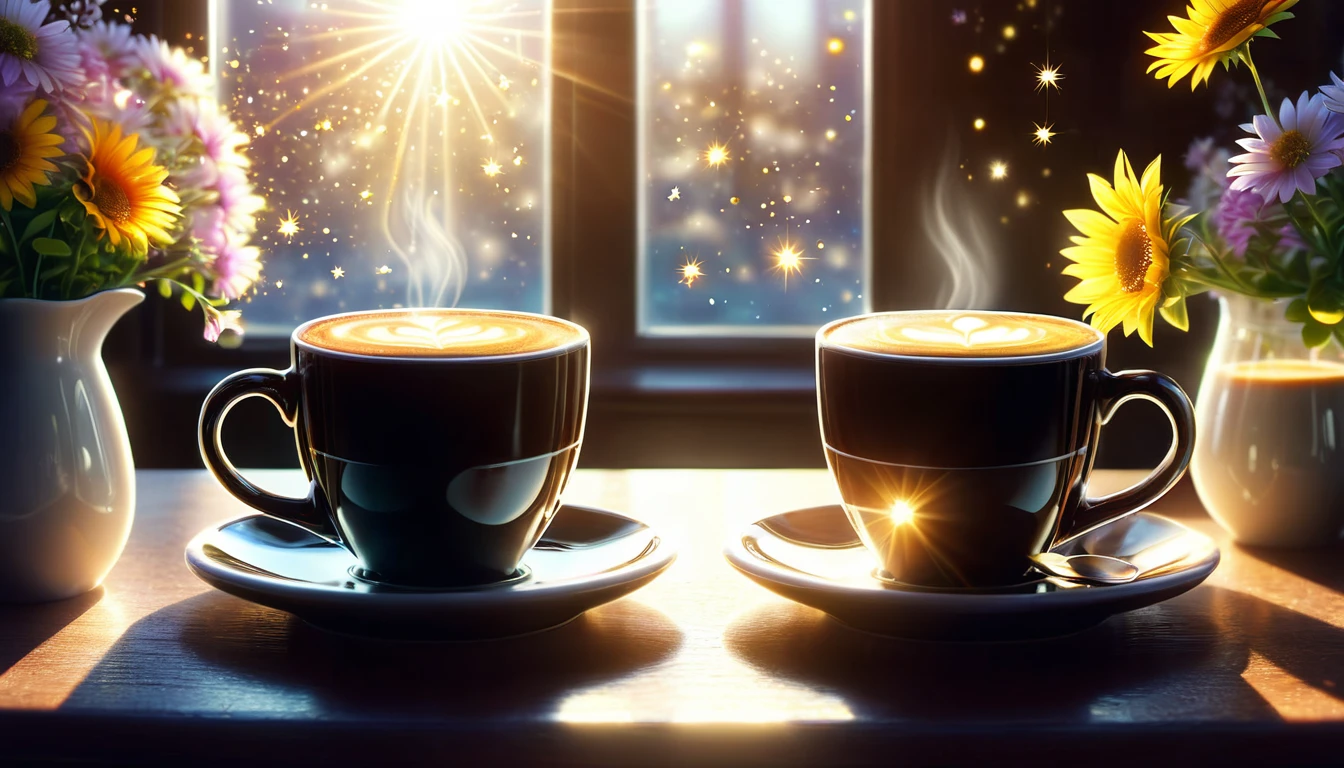 there are two cups of coffee on a table with flowers, two cups of coffee, cozy cafe background, radiant morning light, sunny morning light, morning sunlight, coffee and stars background, celebration of coffee products, coffee cups, by Julia Pishtar, morning light, natural morning light, cinematic morning light, morning time, morning coffee, evening sunlight, hard morning light