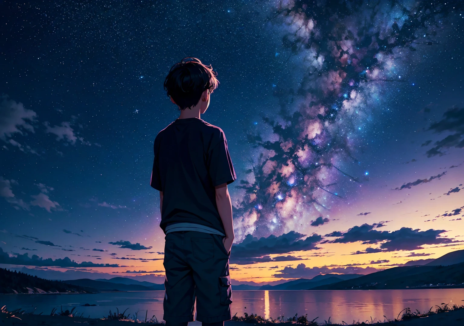 A boy looking at the night sky, where the large Milky Way galaxy is visible in a purplish blue color that stretches along the horizon. A distant shot. cinematic. wide angle. 4K.