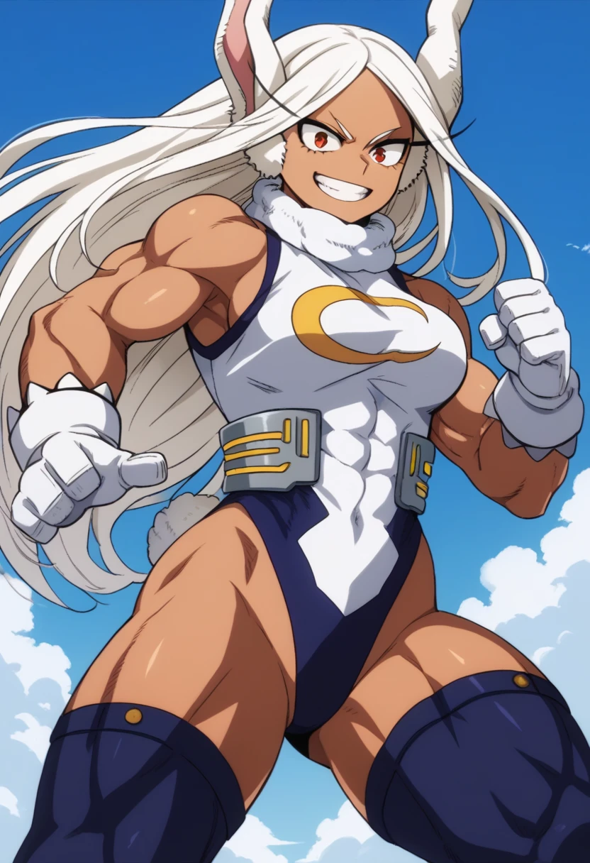 Score_9, score_8_up, score_7_up, source_anime, from below, solo, 1girl, rumi usagiyama, long hair, animal ears, white hair, dark skin, rabbit ears, dark-skinned female, muscular, rabbit girl, muscular female, red eyes, parted bangs,thighhighs, gloves, sleeveless, white gloves, leotard, turtleneck, highleg, highleg leotard, fur collar, sleeveless turtleneck, turtleneck leotard, sleeveless turtleneck leotard, crescent print,smile, fighting pose 