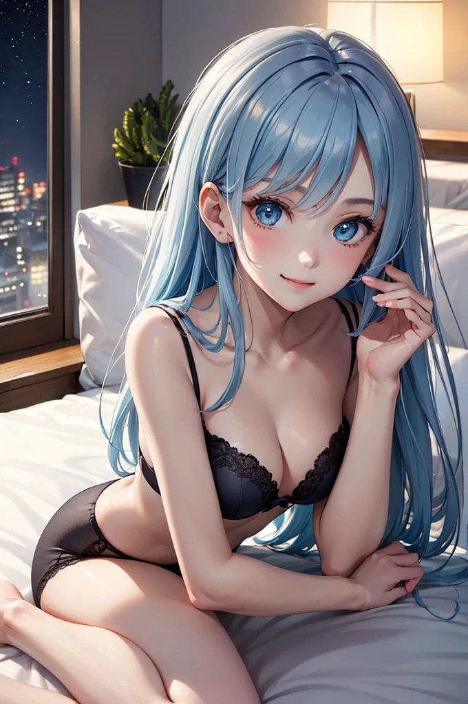 Best Quality,High resolution,8k,finelity detailed background,Masterpiece:1.2),beautiful girl,Shiny light blue hair,crossed bangs,Light blue eyes,Gentle look,A refreshing look,smile,Best quality,Best Quality,Aesthetic and aesthetic:1.2,Best details((Super detailed))(High-definition CG illustrations),Dark grey underwear, (dark gray),Slender body,night,moon,Bedroom,On the bed,smile,blush,cute,Scrounge,Looking up,Being spoiled,super model,wariza,shoot from,below