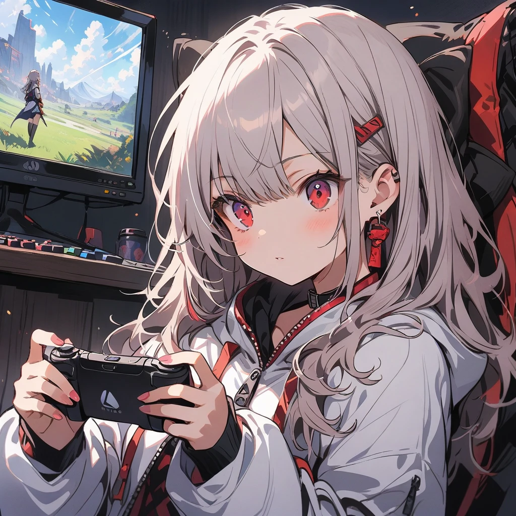 a girl with grey hair and red eyes,playing video games