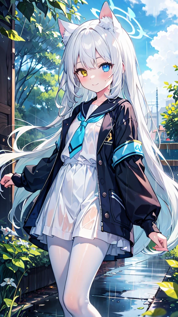 White pantyhose，White hair，Smile，Long hair，Cat ear，Heterochromia（Left blue right yellow），Female face，There are bright spots in the eyes，flat chest，blue halo，Country Road，rain，Wet clothes，Sailor Suit