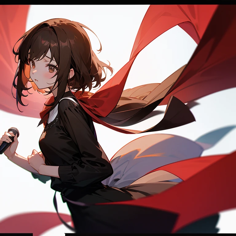 Anime-style image of a girl with shoulder-length dark brown hair, com olhos castanhos, Black casual clothes. singing a romantic song about your love confusion, looking at the spectator. white background, cinematic, HD, 4K