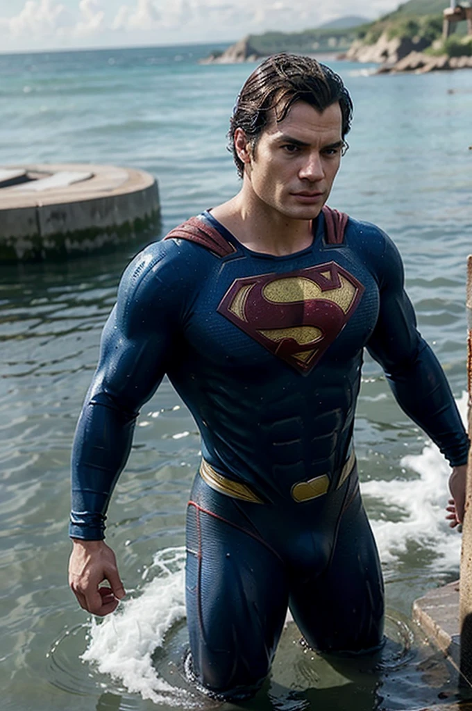 Henry Cavill wearing super man clothes pissing from his dick in the water bottle