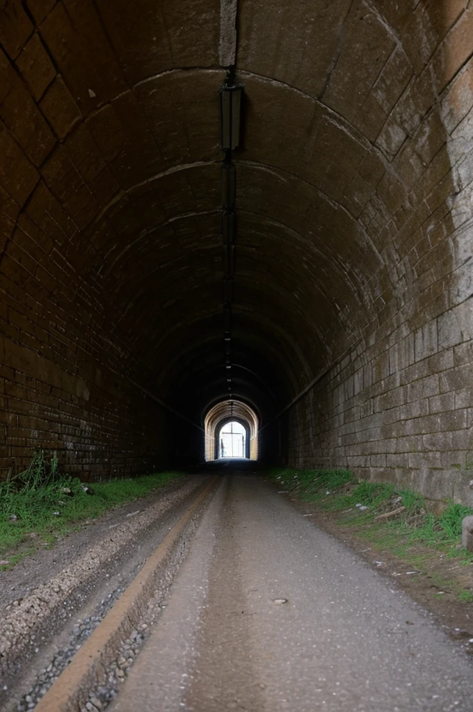 Super wide angle of view, very old tunnel, eerie and scary, water on the ground.