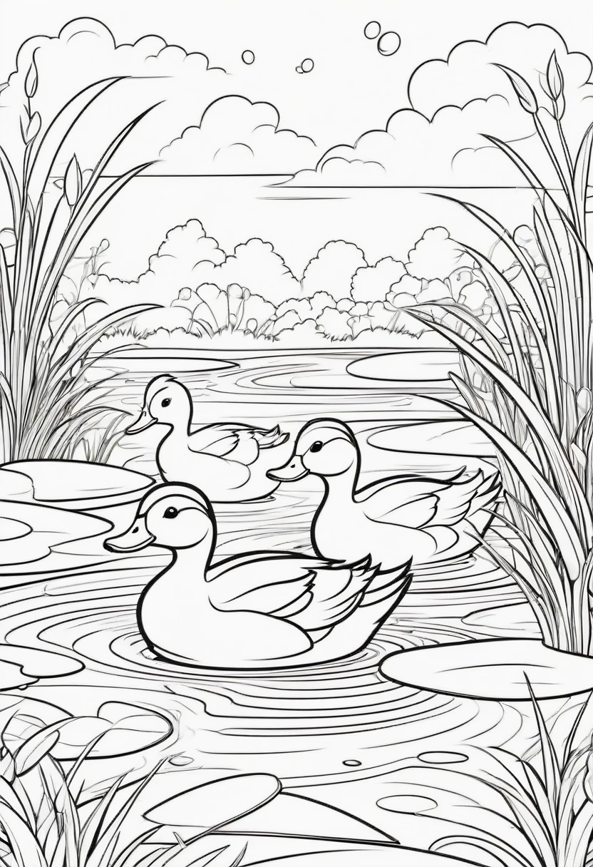 coloring page for kids, Ducks swimming in a pond, cartoon style, thick lines