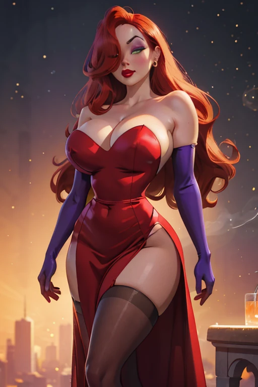 CARTOON_jessica_rabbit_aiwaifu,hair over one eye,red hair,narrow waist,elbow gloves,purple gloves,very long hair,big hair,tall female,toned,makeup,dress,lipstick,bare shoulders,large breasts,cleavage,red dress,strapless,eyeshadow,strapless dress,side slit,jewelry,earrings,green eyes,thighs,huge breasts,red lips,lips,curvy,thick thighs,long dress,cocktail dress,wide hips,pantyhose,thighhighs,collarbone,long legs,one eye covered,smoking,smoke,cigarette,official art,extremely detailed CG unity 8k wallpaper,perfect lighting,Colorful,Bright_Front_face_Lighting,shiny skin,(masterpiece:1),(best_quality:1),ultra high res,4K,ultra-detailed,photography,8K,HDR,highres,(absurdres:1.2),Kodak portra 400,film grain,blurry background,(bokeh:1.2),lens flare,(vibrant_color:1.2),professional photograph,(beautiful_face:1.5),CARTOON_jessica_rabbit_aiwaifu,