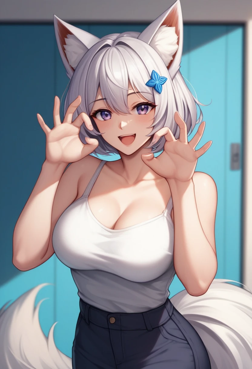 (masterpiece, best quality:1.2)((silver white hair))((violet eyes)),solo,1girl,((eyes tilted outwards)), ((standing_fox_ears)),((fluffy_fox_tail)), milf ,averting_eyes,hair_between_eyes,basic_blue_hairpin,bob_hair,short_hair, (medium breasts), blue_girly_clothes, blue_casual_clothing, (happy pose)