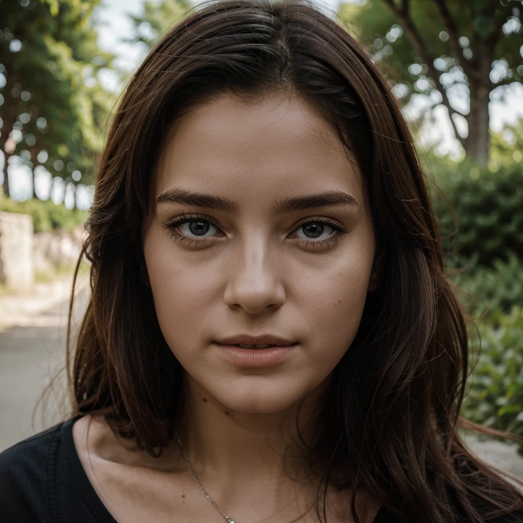 Un portrait photoréaliste d'une jeune fille caucasiène de 21 ans avec de longs cheveux noirs ondulés et des yeux sombres perçants. Elle doit avoir une expression naturelle et accueillante, illuminée par la douce lumière dorée de l'heure dorée. L'arrière-plan devrait être un cadre extérieur pittoresque, peut-être un parc ensoleillé ou une plage. Capturez cette image avec une photographie haute résolution utilisant un objectif de 85mm pour une perspective flatteuse.