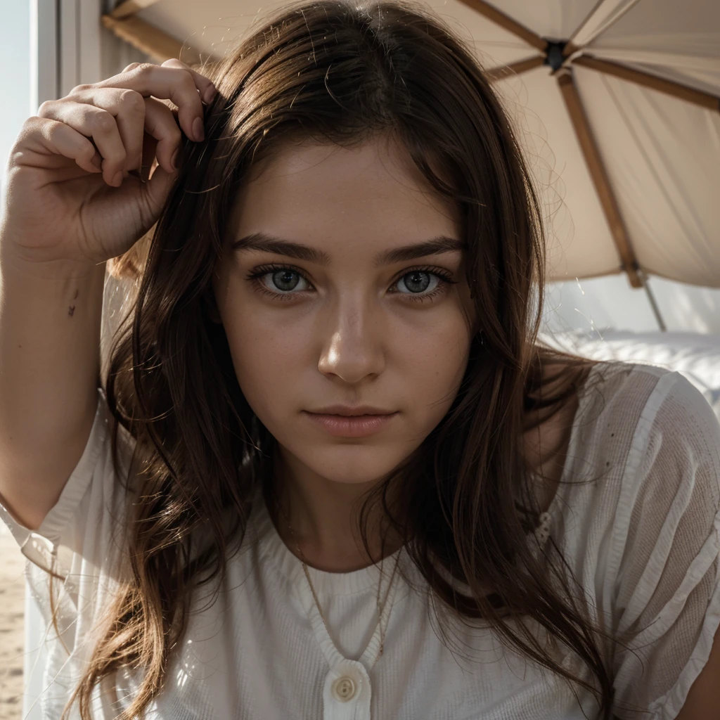 Un portrait photoréaliste d'une jeune fille caucasiène de 21 ans avec de longs cheveux noirs ondulés et des yeux sombres perçants. Elle doit avoir une expression naturelle et accueillante, illuminée par la douce lumière dorée de l'heure dorée. L'arrière-plan devrait être un cadre extérieur pittoresque, peut-être un parc ensoleillé ou une plage. Capturez cette image avec une photographie haute résolution utilisant un objectif de 85mm pour une perspective flatteuse.