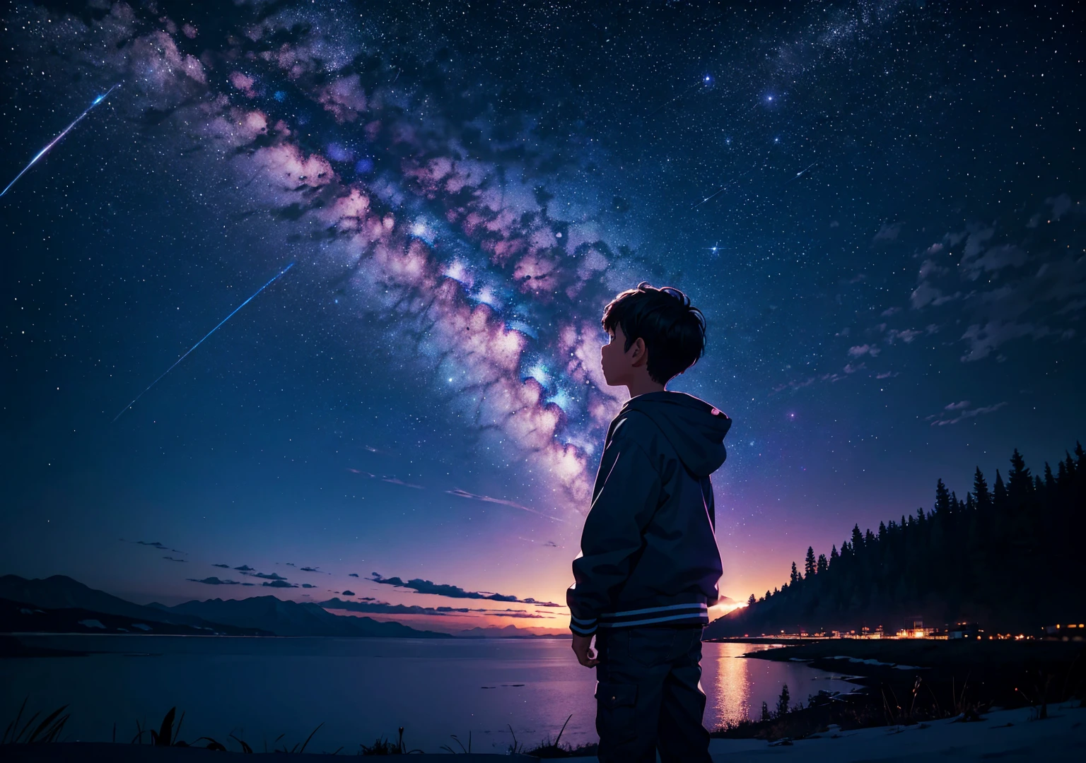 A boy looking at the night sky, where the large Milky Way galaxy is visible in a purplish blue color that stretches along the horizon. A distant shot. cinematic. wide angle. 4K.