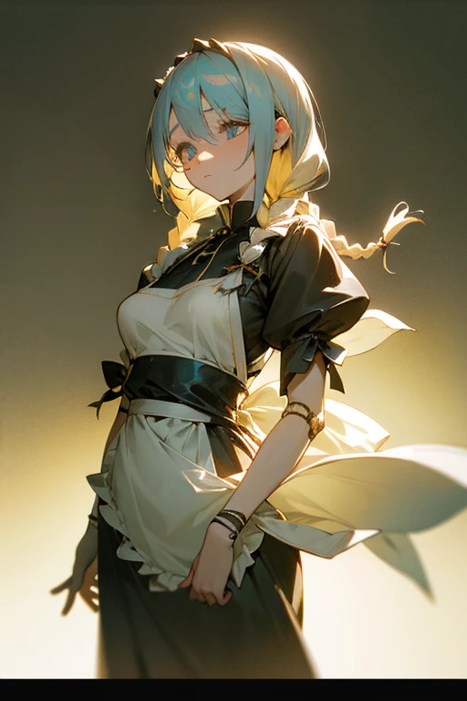 beautiful、perfection、Noble、Female Doll、adult、Large Breasts、Open the chest、Braided Hair、Pottery body、Luo Ling humanoid、Inorganic Body、Humanoid、Expressionleselancholy、dark、Low saturation、Low Contrast、Faded colors、Backlight、Glassy Eyeaid、Butler、Maid服、Apron dress、ribbon、slit、Exposed bare skin