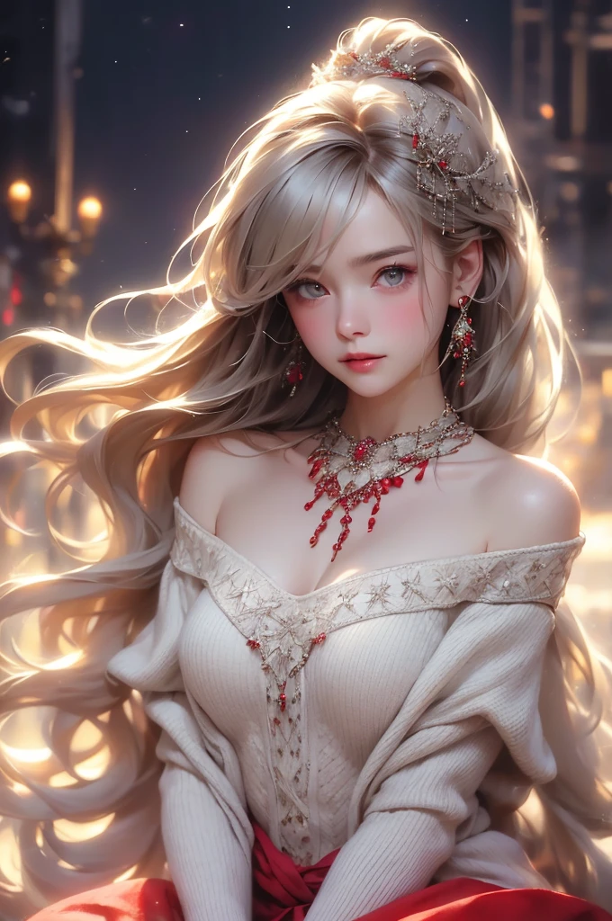 (masterpiece:1.5, Highest quality, Very detailed、 Dutch Angle、Semi-realistic、Winter Scenery)(One Girl, alone)(White and beautiful hair:1.4,,Straight Long Hair)(Knitted sweater、Woolen sweater)、((Off the shoulder、Mid-chest、ruby ​​necklace))(Beautiful cleavage、Legs wrapped in tights、Absolute area)(Beautiful starry sky、Mystical Night、Particles of light float around the woman) Waiting to start
