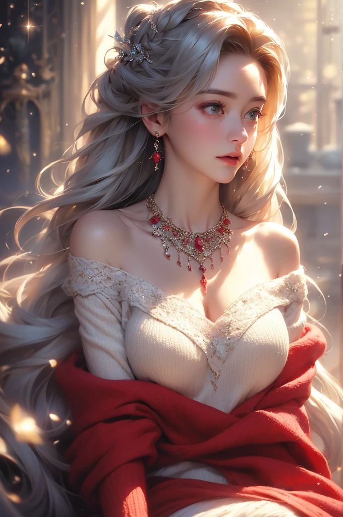 (masterpiece:1.5, Highest quality, Very detailed、 Dutch Angle、Semi-realistic、Winter Scenery)(One Girl, alone)(White and beautiful hair:1.4,,Straight Long Hair)(Knitted sweater、Woolen sweater)、((Off the shoulder、Mid-chest、ruby ​​necklace))(Beautiful cleavage、Legs wrapped in tights、Absolute area)(Beautiful starry sky、Mystical Night、Particles of light float around the woman) Waiting to start
