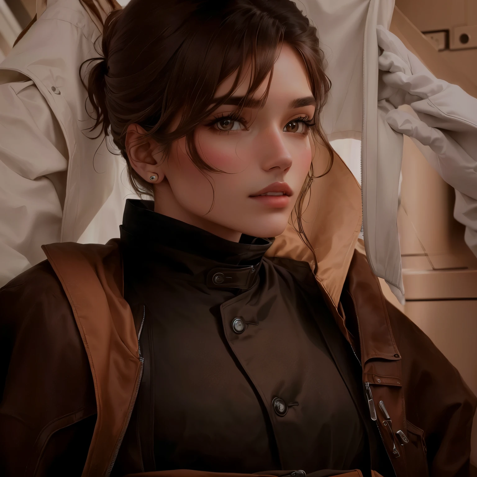 a close up of a person with a brown jacket and a brown jacket