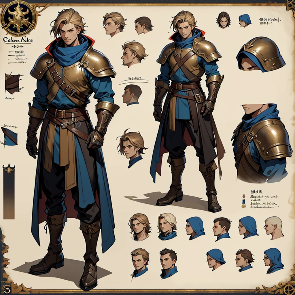 Close-up of a man in a Assaain's Creed costume, ((character concept art)), ((Character design sheet, same character, on front, from on the side, At the back)) Character image, Medieval game character design, Medieval game character design, hair color: Brown with gold parting, Age: Young, eyecolor: Brown, He wears gloves on his hands, Wears  boots. During the use of certain abilities, A helmet is formed on the head of a dragon. He has a code name around his neck, expert high detail concept art, Concept art of a metal bullet, Fun character design. ConceptArt, belt buckle at the waist,Medieval style weapons,