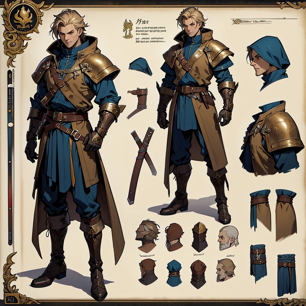 Close-up of a man in a Assaain's Creed costume, ((character concept art)), ((Character design sheet, same character, on front, from on the side, At the back)) Character image, Medieval game character design, Medieval game character design, hair color: Brown with gold parting, Age: Young, eyecolor: Brown, He wears gloves on his hands, Wears boots. During the use of certain abilities, A helmet is formed on the head of a dragon. He has a code name around his neck, expert high detail concept art, Concept art of a metal bullet, Fun character design. ConceptArt, belt buckle at the waist,Medieval style weapons,