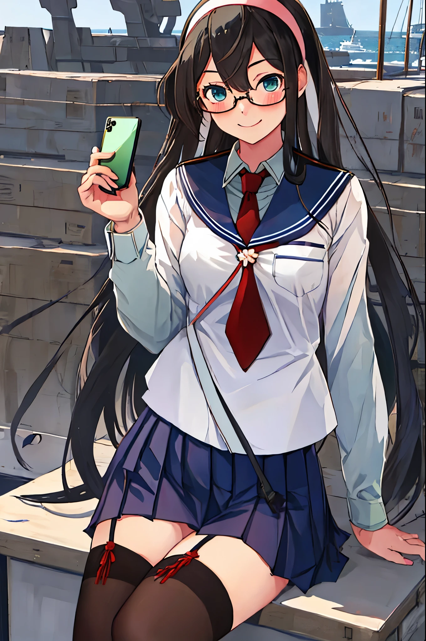 best quality, masterpiece, highres, solo, {ooyodo_kantaicollection:1.15}, black_hair, long_hair, glasses, hairband, semi-rimless_eyewear, under-rim_eyewear, blue_eyes, green_eyes, blush,small_breasts, 1girl, school_uniform, serafuku, pleats_skirt, looking_at_viewer, necktie, harbor_town_background, red_necktie,(angry:0.7),smile,,thigh-highs,,selfie