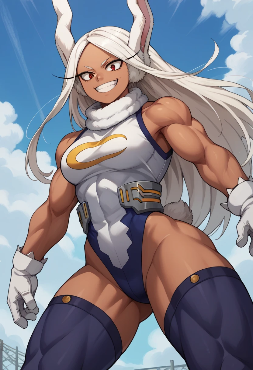 Score_9, score_8_up, score_7_up, source_anime, from below, solo, 1girl, rumi usagiyama, long hair, animal ears, white hair, dark skin, rabbit ears, dark-skinned female, muscular, rabbit girl, muscular female, red eyes, parted bangs,thighhighs, gloves, sleeveless, white gloves, leotard, turtleneck, highleg, highleg leotard, fur collar, sleeveless turtleneck, turtleneck leotard, sleeveless turtleneck leotard, crescent print,smile, dynamic pose