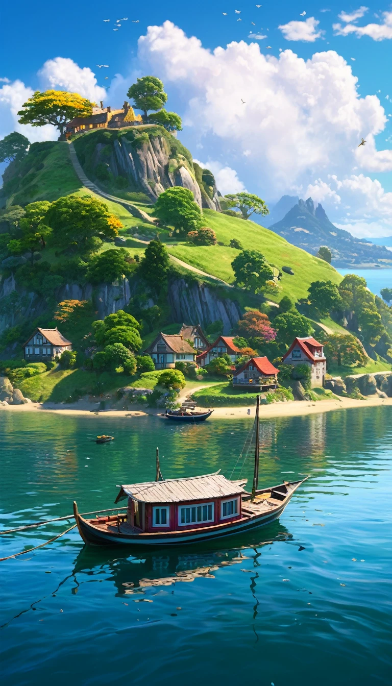 Painting of a house on a hill and a boat on the water, Digital Painting by Arthur Pang, Shutterstock, Fantasy art, idyllic cottage, Detailed painting 4k, Anime countryside landscape, Beautiful digital painting, Highly detailed digital painting, Beautiful Landscape, Detailed Landscape — Width 672, Highly detailed digital art in 4K, 4K Matt Thomas Kinkade, Anime Style, Color Spread, colorful, Vibrant color combinations
