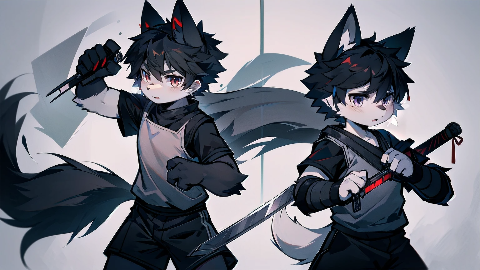 White Wolf,black hair,Red eyes,Wolf ears,Wolf Tail,juvenile,male,hairy,Hair,Half body armor,Combat uniform,Silver and black clothing,Handsome,Handsome,shorts,The forearm is exposed,leg,Fighting Stance,Duel,Two people,Anxious,Armed with a sword,Simple background,Swords