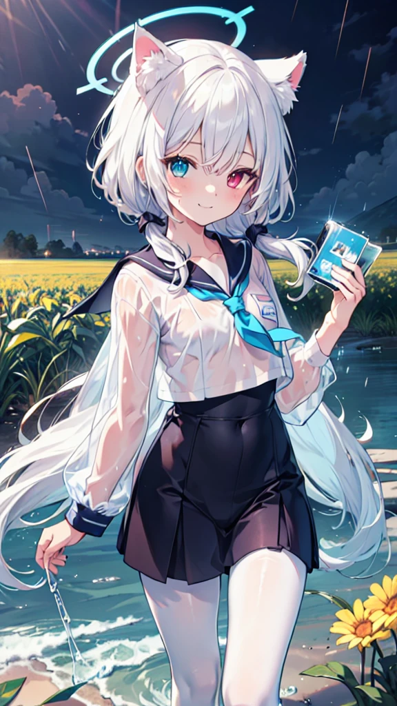 Body shape，Short legs，White pantyhose，White hair，Smile，Long hair，Cat ear，Heterochromia（Left blue right yellow），Female face，There are bright spots in the eyes，flat chest，blue halo，Field paths，rain，Wet clothes，Sailor Suit