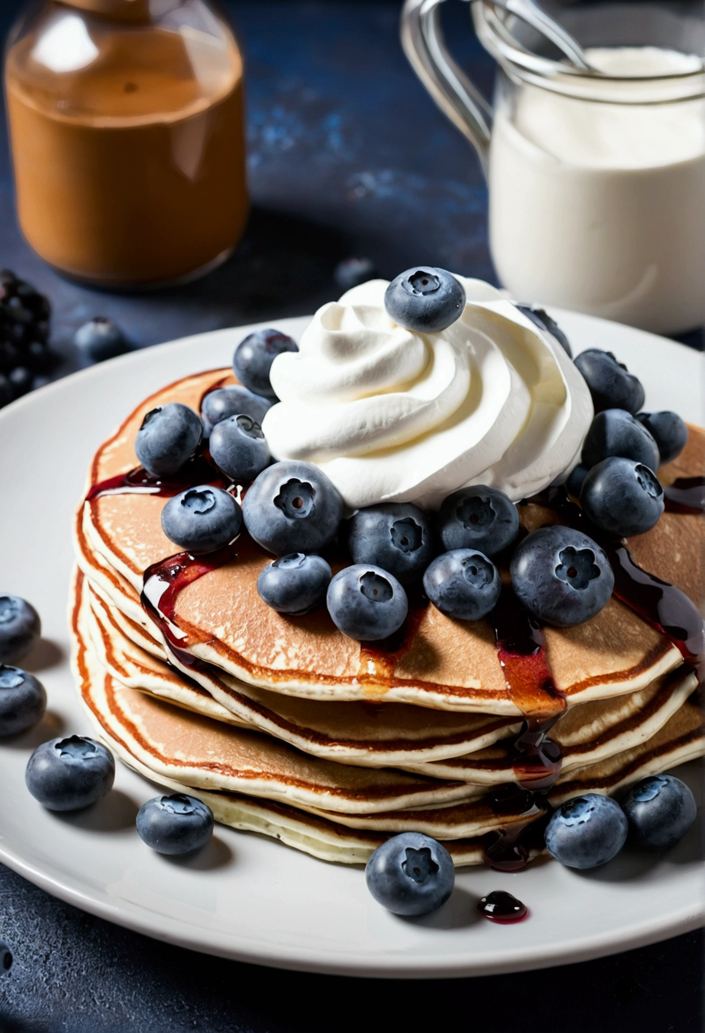 Protein pancakes with whipped cream cheese and blueberries