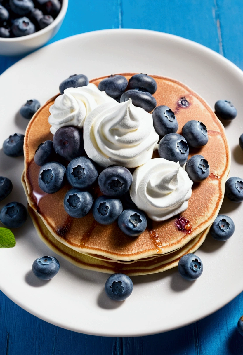 Protein pancakes with whipped cream cheese and blueberries